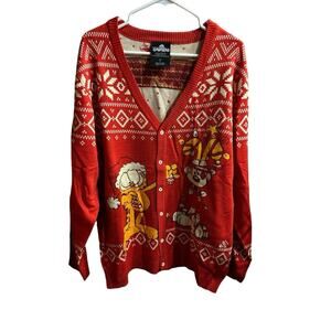Garfield Ugly Christmas Sweater Cardigan M Odie Dog Cat Red Santa Holiday NWOT